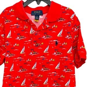 Polo Ralph Lauren Boys M (10-12) Sailing Nautical Coastal Allover Print Red Polo